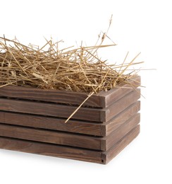 Dried straw in wooden crate isolated on white