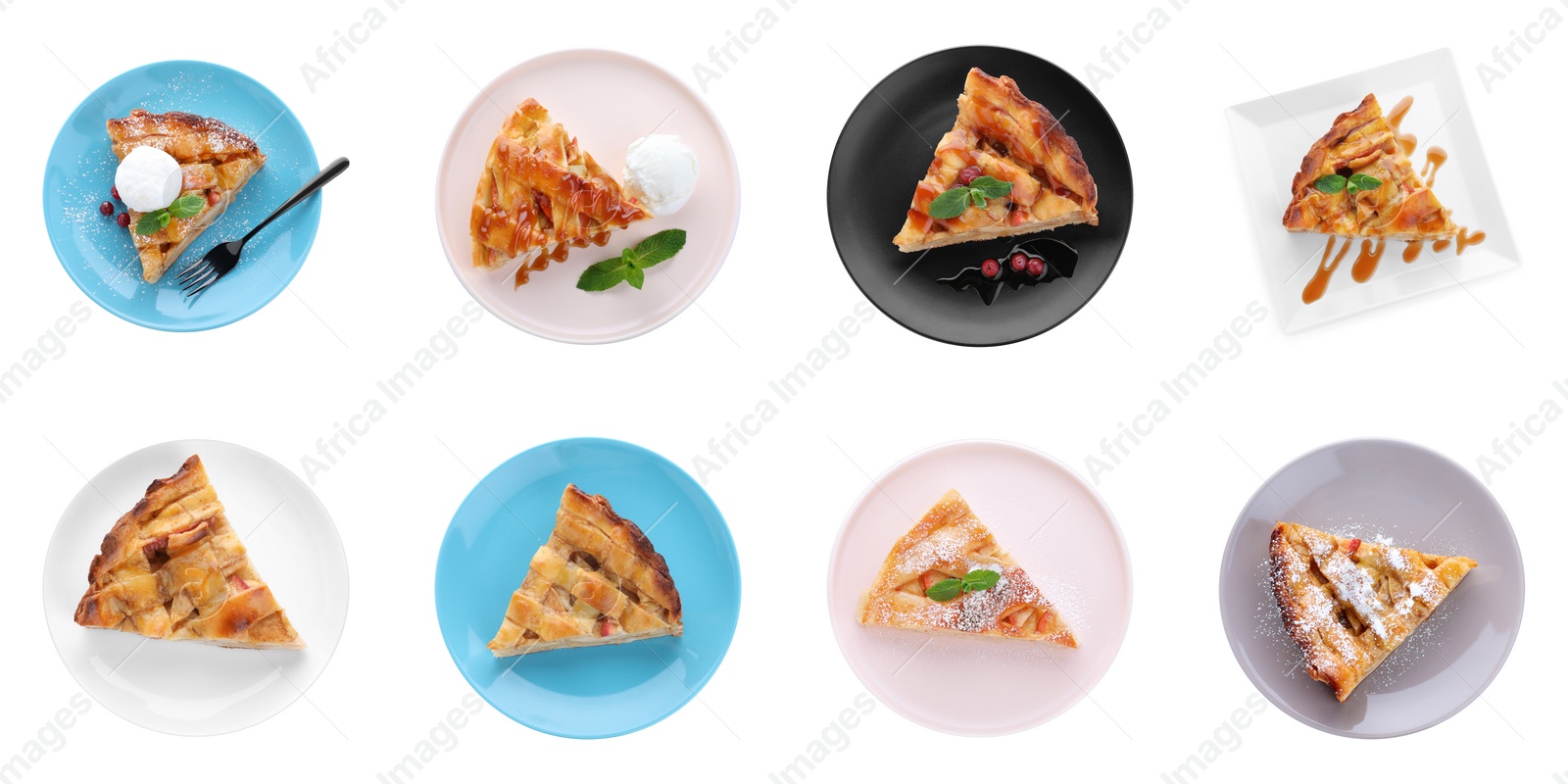 Image of Set with slices of traditional apple pies on white background, top view. Banner design