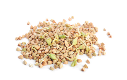 Photo of Pile of sprouted green buckwheat isolated on white