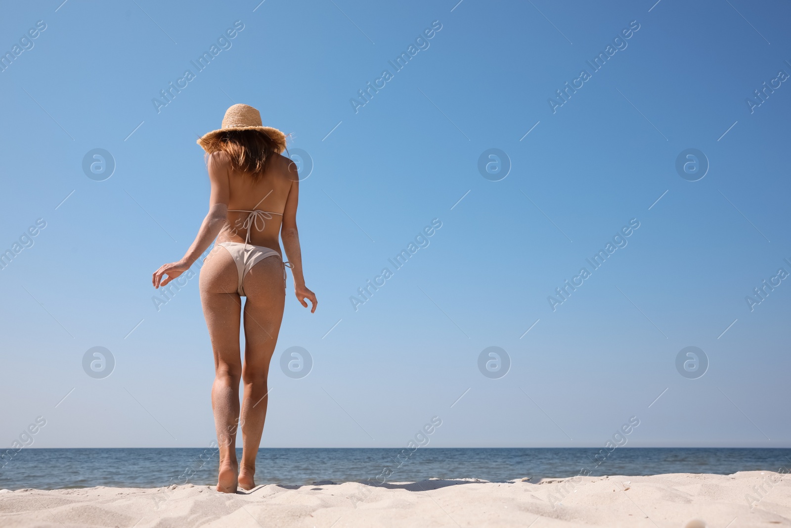 Photo of Woman with perfect body in bikini walking on sandy beach near sea, back view