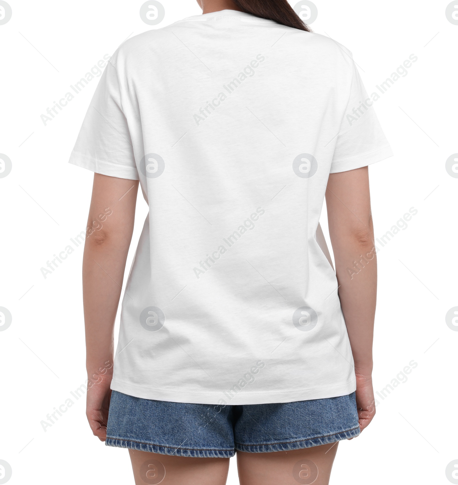 Photo of Woman in stylish t-shirt on white background, back view