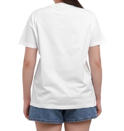 Woman in stylish t-shirt on white background, back view