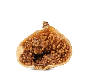 Photo of Half of delicious dried fig on white background. Organic snack