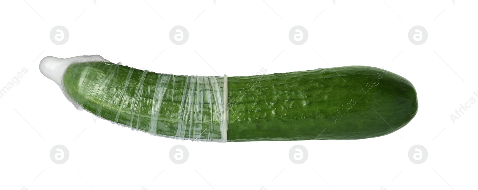 Photo of Cucumber with condom isolated on white. Safe sex concept