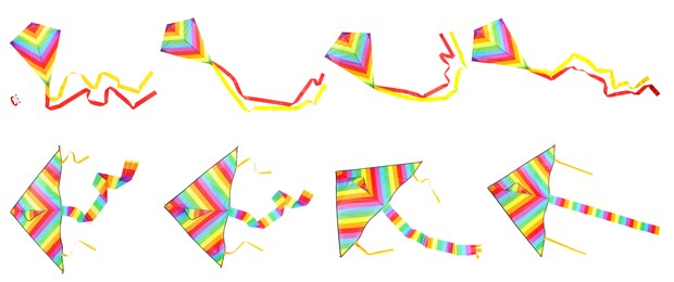 Image of Set with beautiful bright kites on white background. Banner design