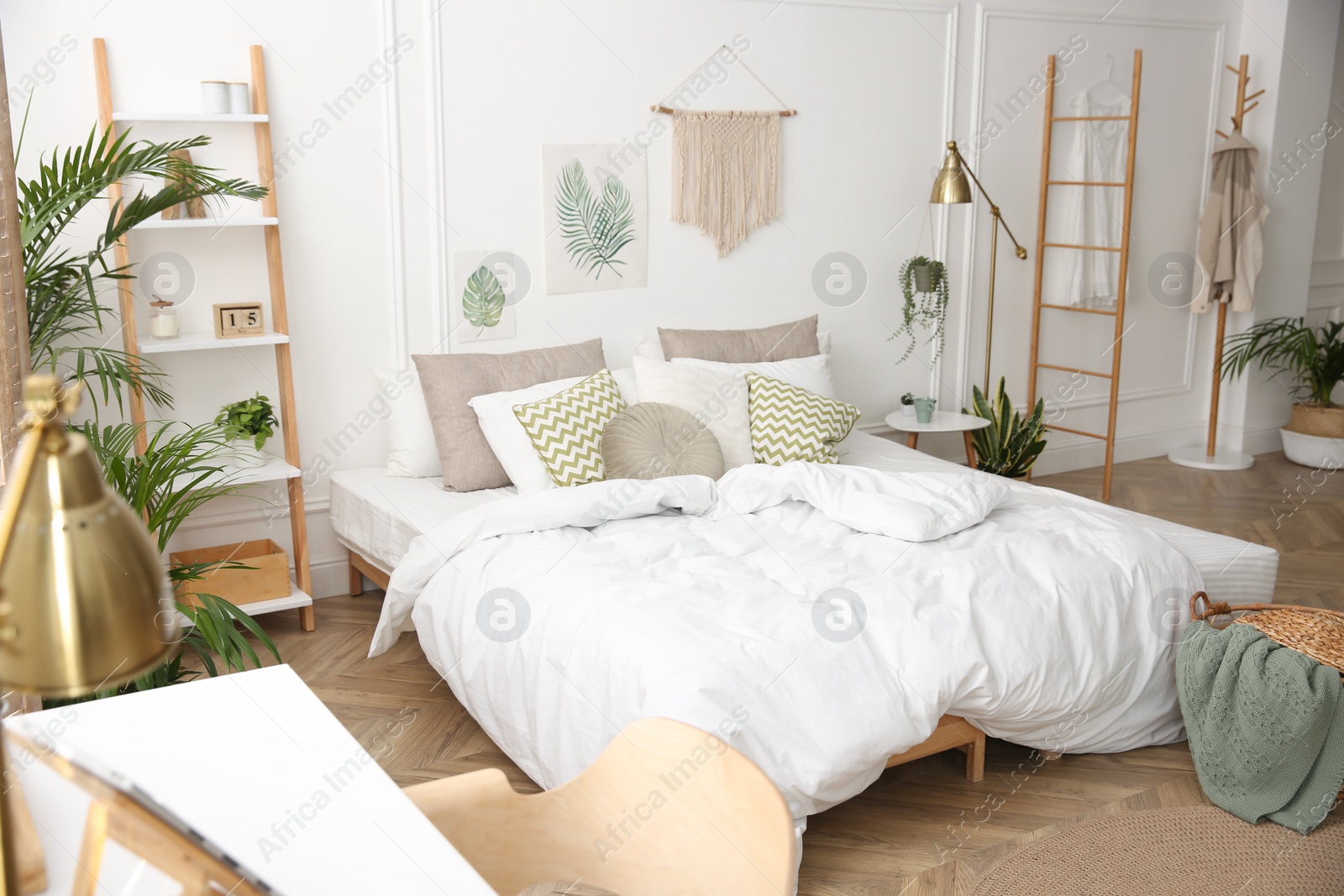 Photo of Modern bedroom with beautiful fresh house plants