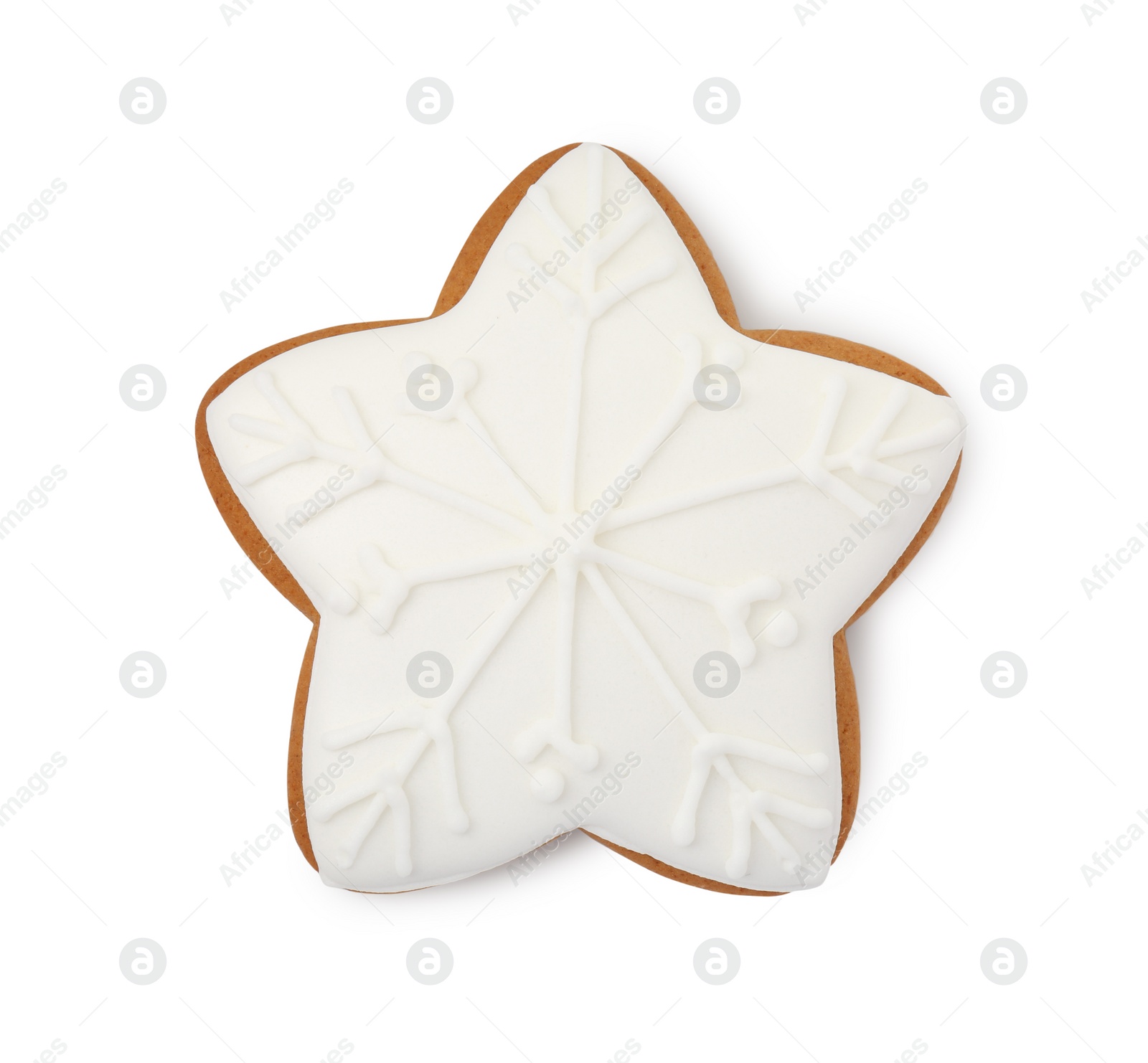 Photo of Tasty star shaped Christmas cookie with icing isolated on white, top view