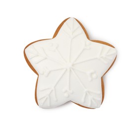 Photo of Tasty star shaped Christmas cookie with icing isolated on white, top view