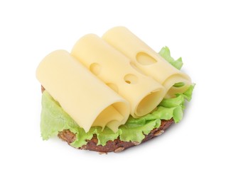 Photo of Tasty sandwich with slices of fresh cheese and lettuce isolated on white