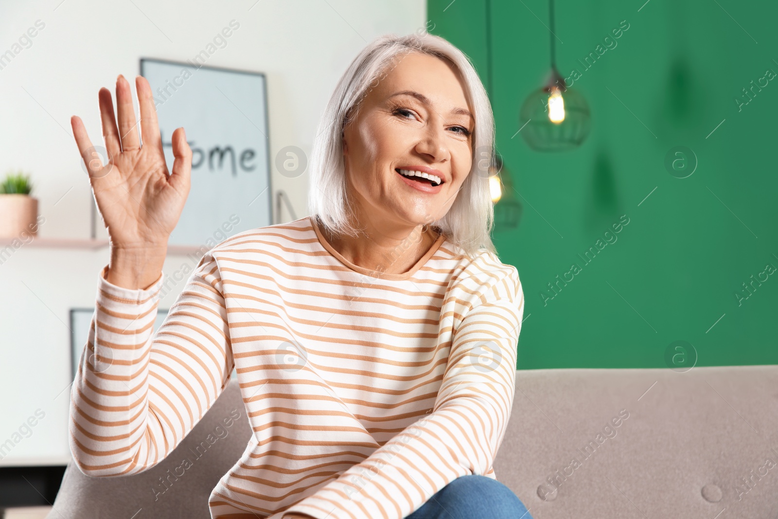 Photo of Mature woman using video chat at home, view from web camera