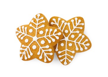 Tasty star shaped Christmas cookies with icing isolated on white, top view