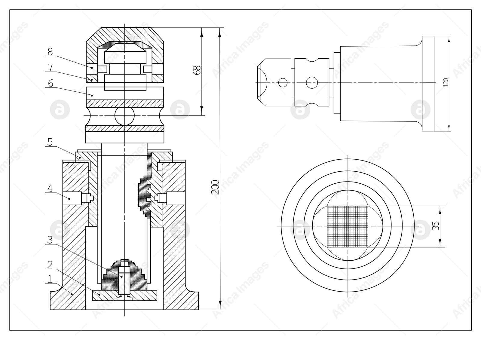 Image of Technical drawing as background. Plan of mechanism