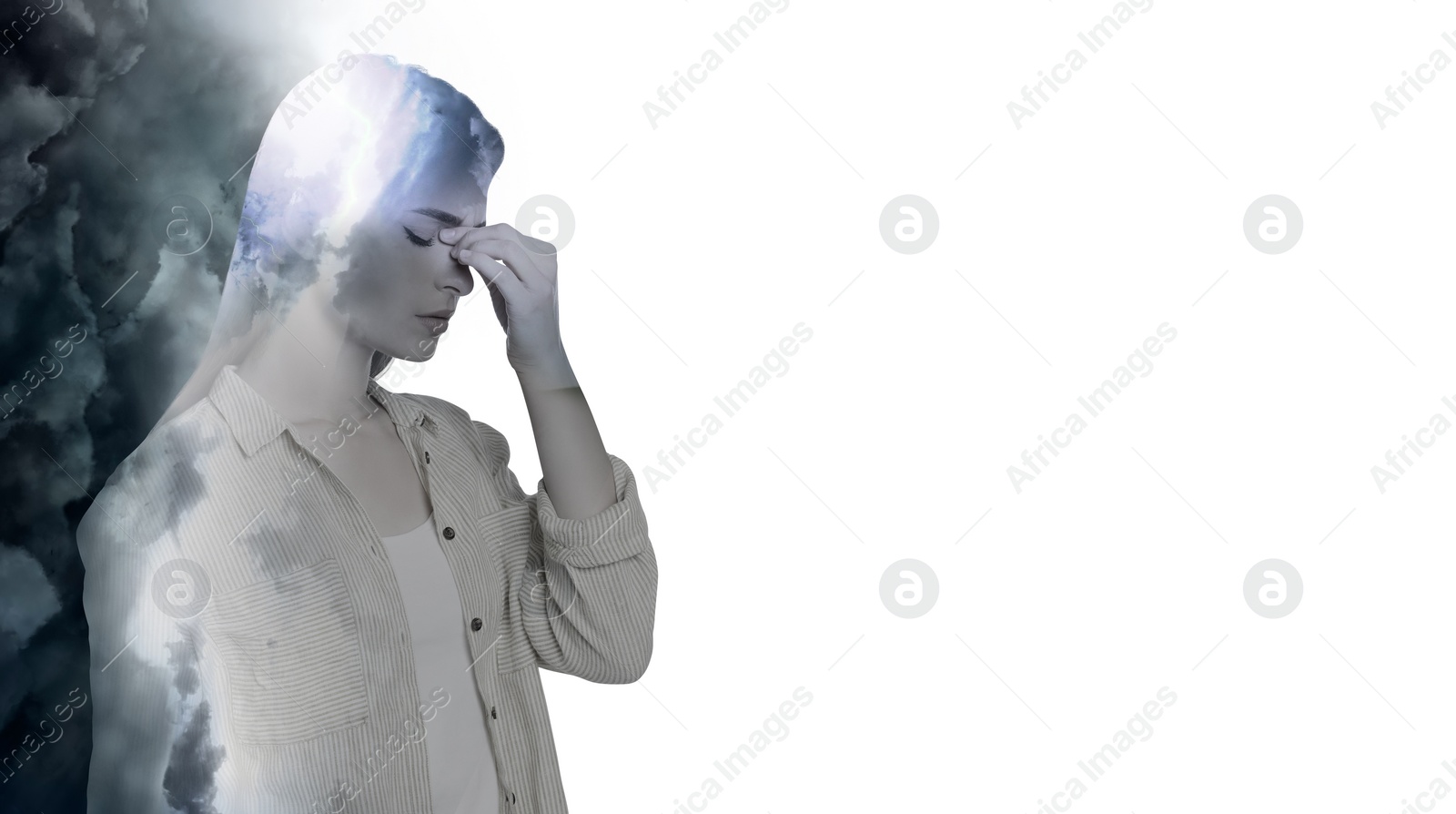 Image of Headache. Double exposure of woman and heavy clouds on white background