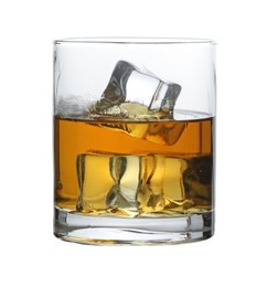 Photo of Whiskey with ice cubes in glass isolated on white