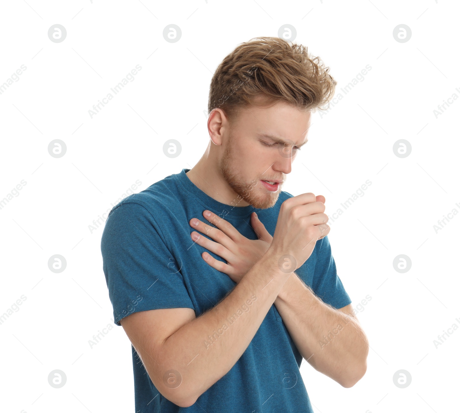 Photo of Handsome young man coughing against white background