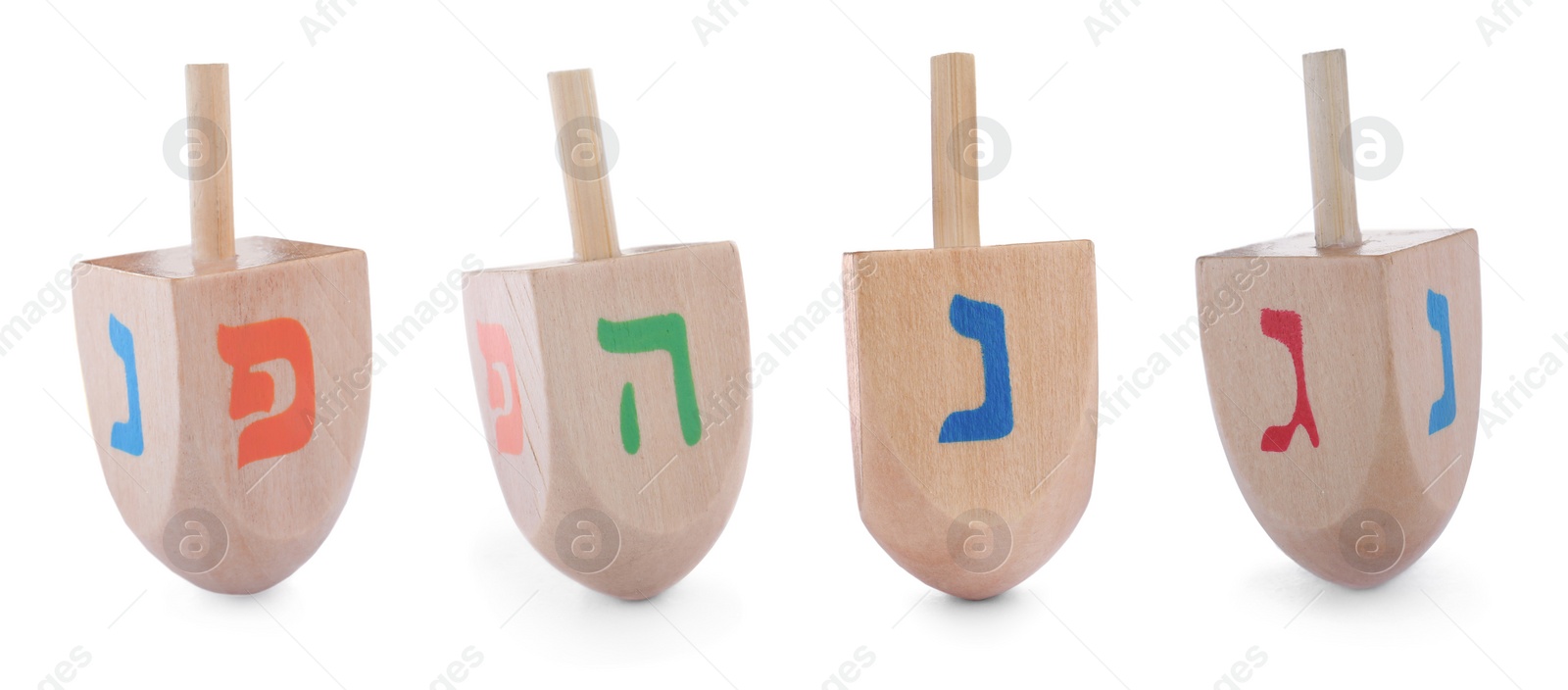 Image of Hanukkah traditional dreidels with letters on white background, collage. Banner design