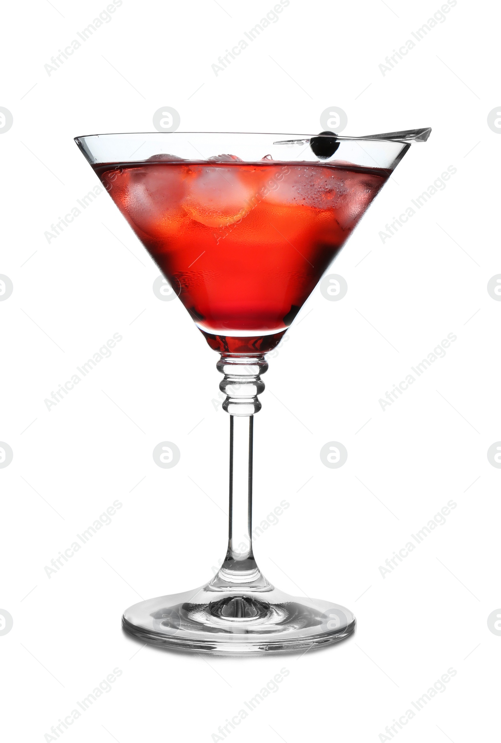 Photo of Glass of martini cocktail with berry and ice cubes on white background
