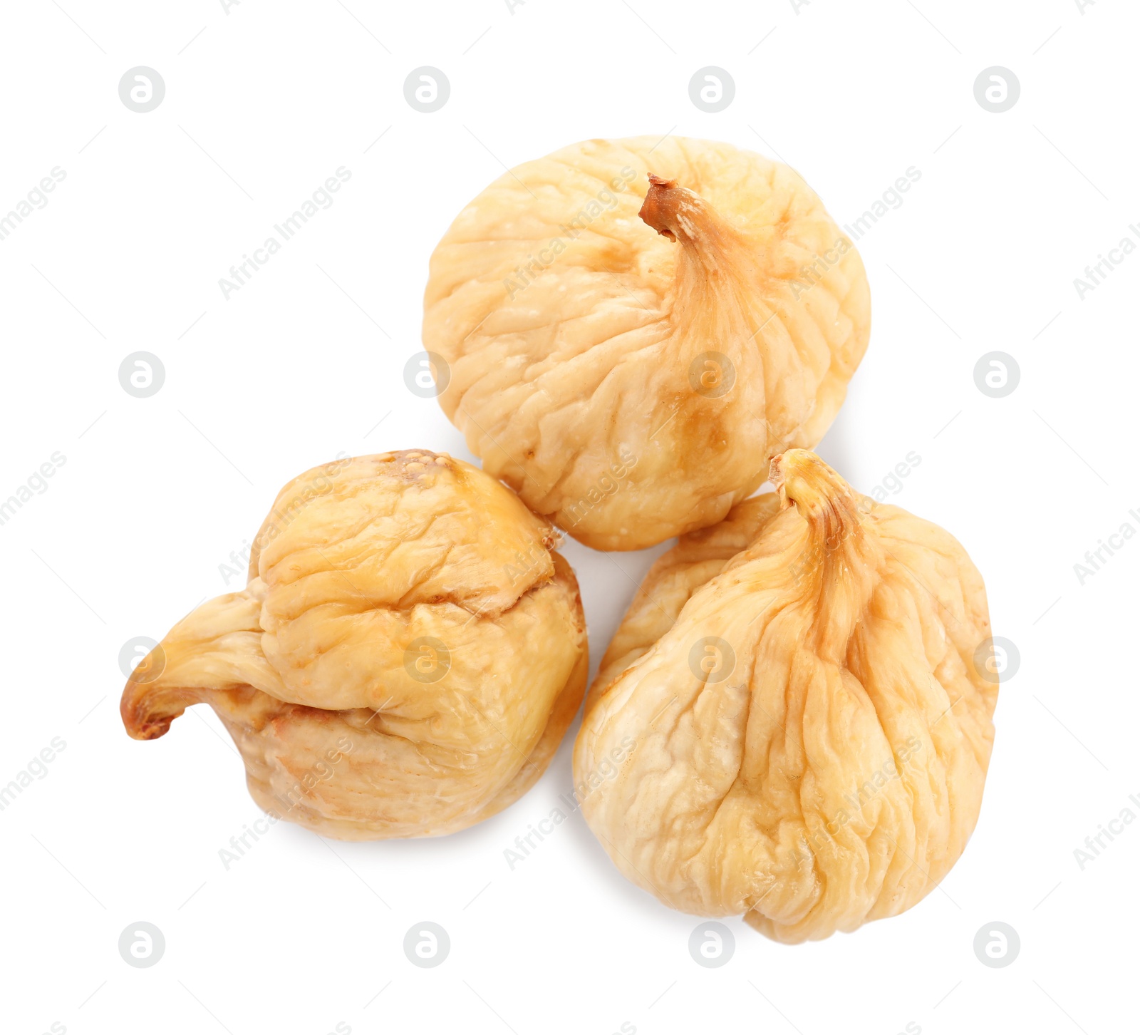 Photo of Pile of tasty dried figs isolated on white, top view