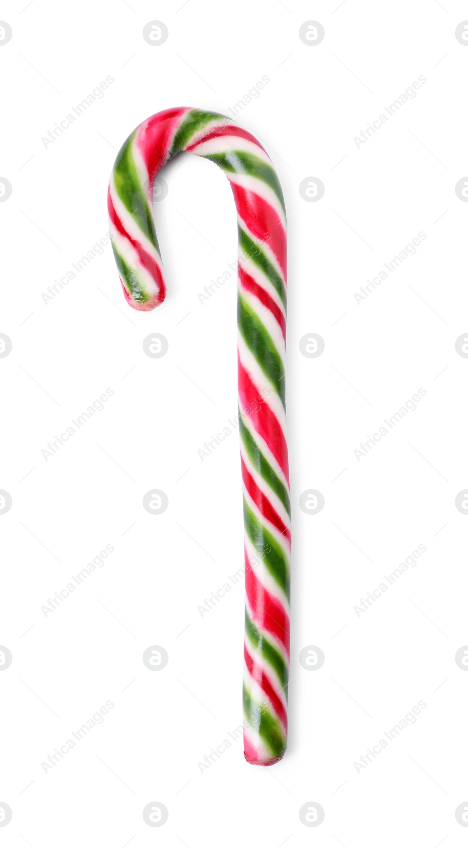 Photo of Sweet Christmas candy cane on white background