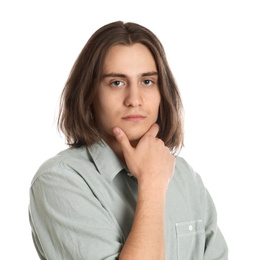 Portrait of young man on white background