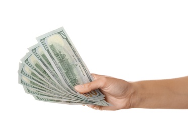 Photo of Young woman with dollar bills on white background, closeup