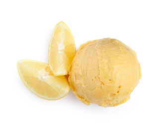 Photo of Scoop of delicious ice cream with lemon on white background, top view