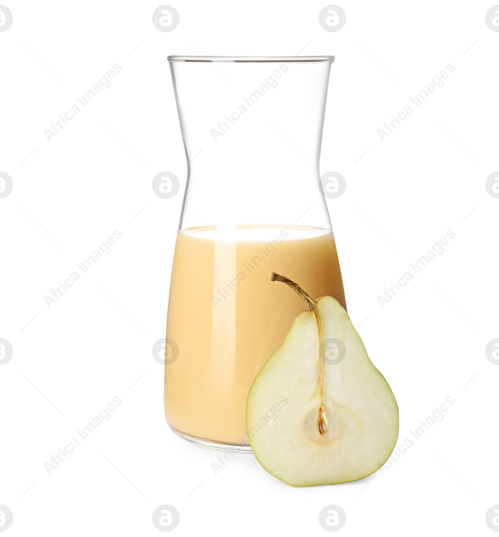 Photo of Tasty pear juice in glass jug and cut fruit isolated on white