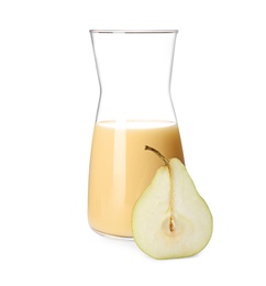 Tasty pear juice in glass jug and cut fruit isolated on white