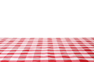 Photo of Table with red checkered cloth isolated on white