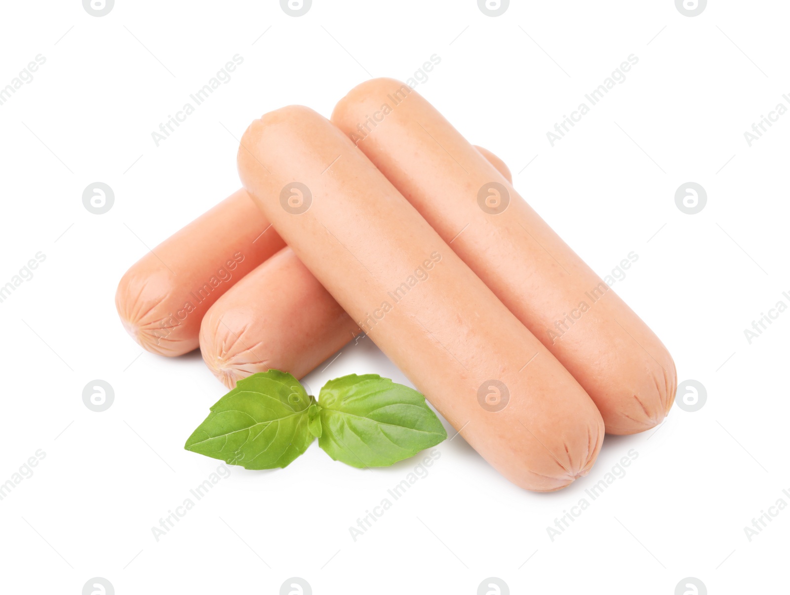 Photo of Delicious boiled sausages and basil on white background