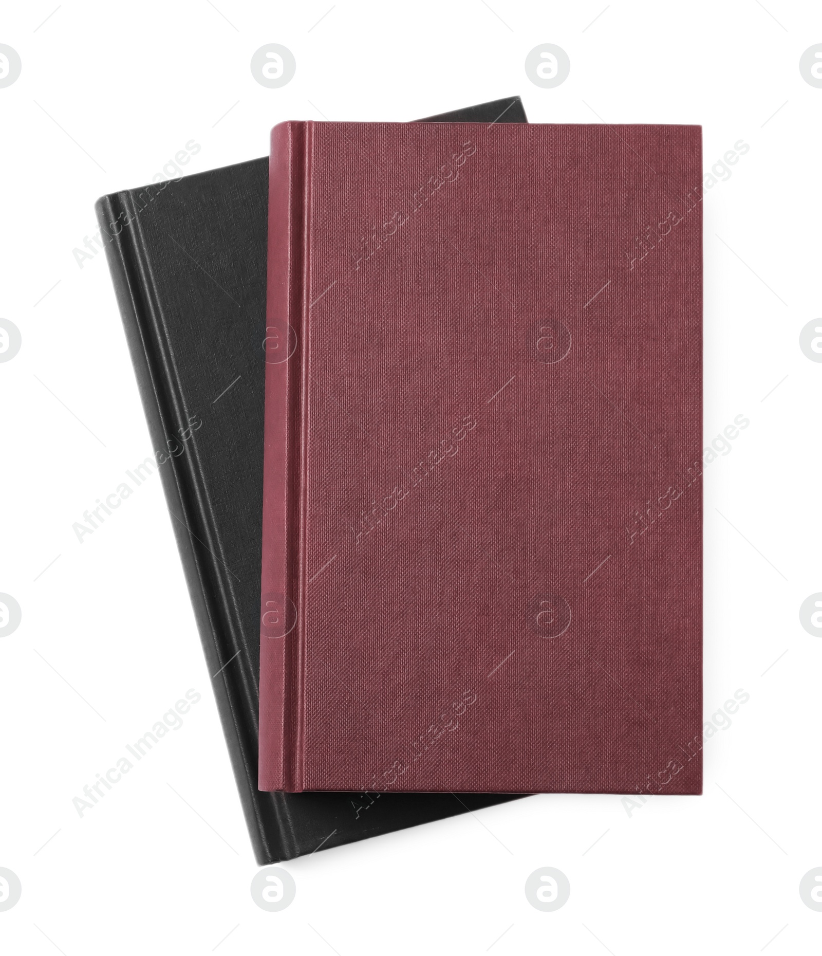 Photo of Stack of hardcover books isolated on white, top view