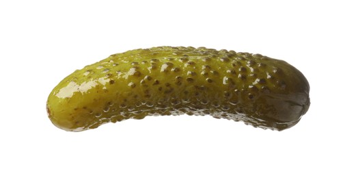 Photo of One tasty pickled cucumber isolated on white