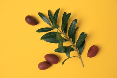 Photo of Fresh olives and green leaves on yellow background, flat lay