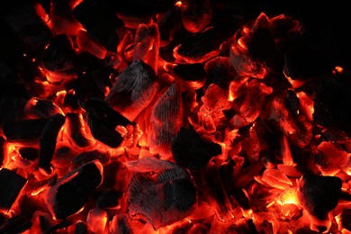 Photo of Pieces of hot smoldering coal as background, top view
