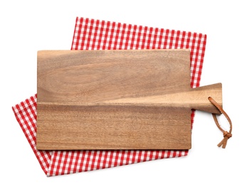 Photo of Empty wooden board and checkered napkin isolated on white, top view