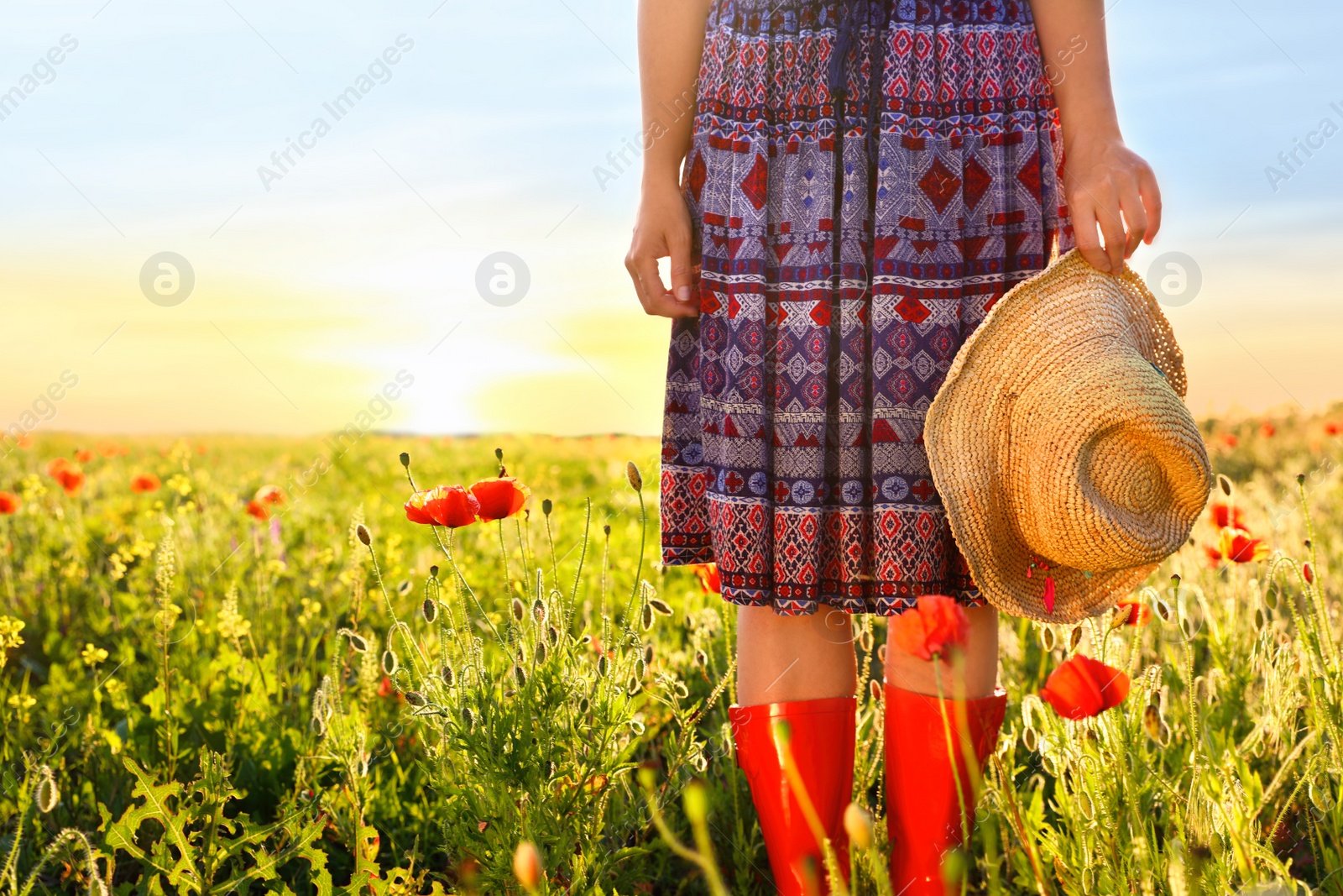 Photo of Woman wearing red boots in poppy field on sunny evening, closeup. Space for text