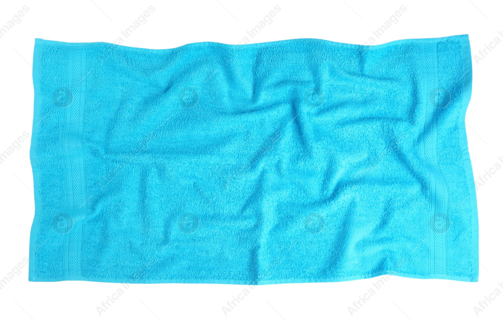 Photo of Clean light blue beach towel on white background, top view