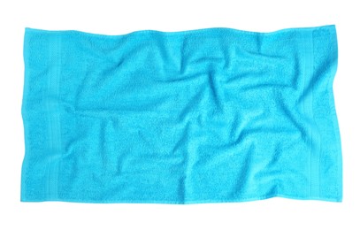 Photo of Clean light blue beach towel on white background, top view