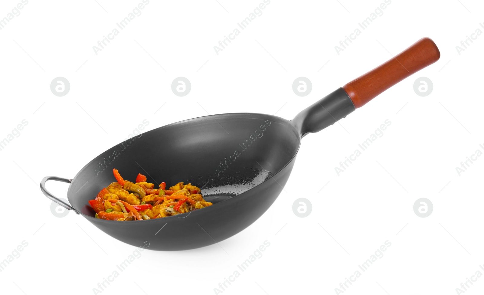 Photo of Stir-fry. Cooked vegetables and chicken in wok isolated on white