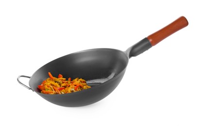 Stir-fry. Cooked vegetables and chicken in wok isolated on white