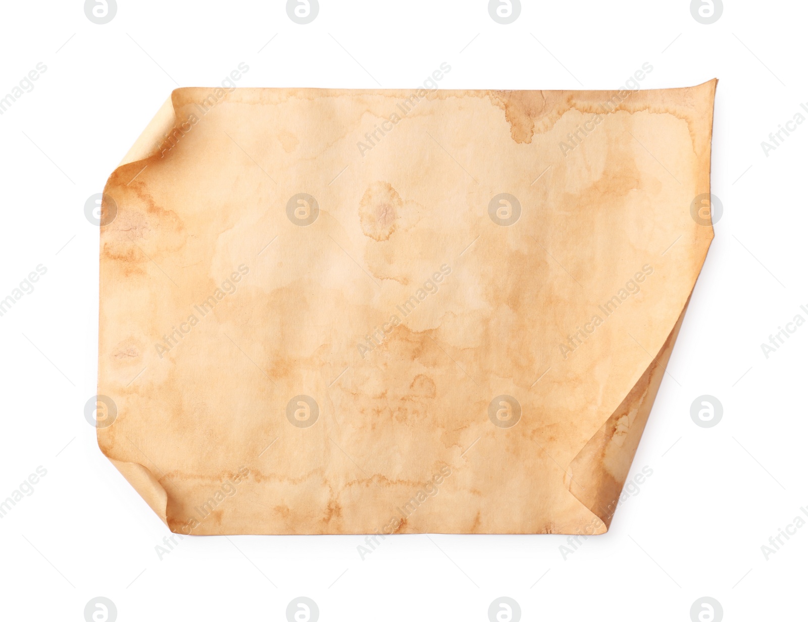 Photo of Sheet of old parchment paper on white background, top view