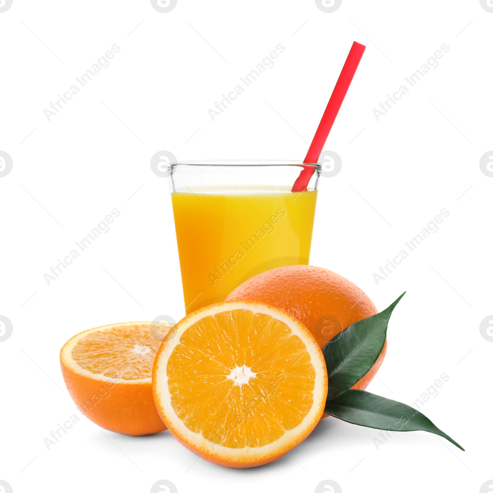 Image of Glass of orange juice, fresh fruits and green leaves on white background