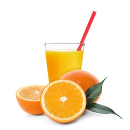 Glass of orange juice, fresh fruits and green leaves on white background