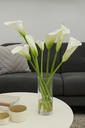 Photo of Beautiful calla lily flowers in glass vase, boxes and books on white table at home