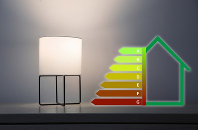 Image of Energy efficiency rating label and lamp on wooden table near grey wall indoors