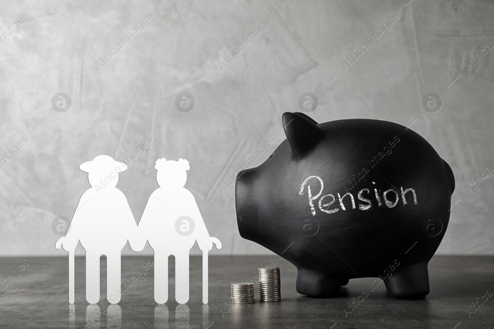 Image of Pension concept. Elderly couple illustration, coins and piggybank on grey table