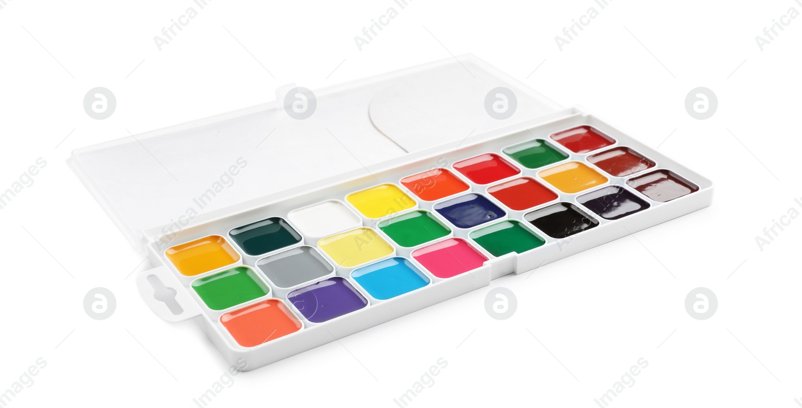 Photo of Plastic watercolor palette on white background. Painting equipment for children