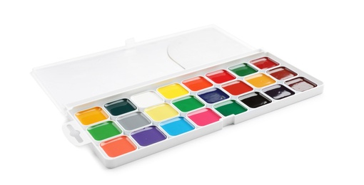 Photo of Plastic watercolor palette on white background. Painting equipment for children