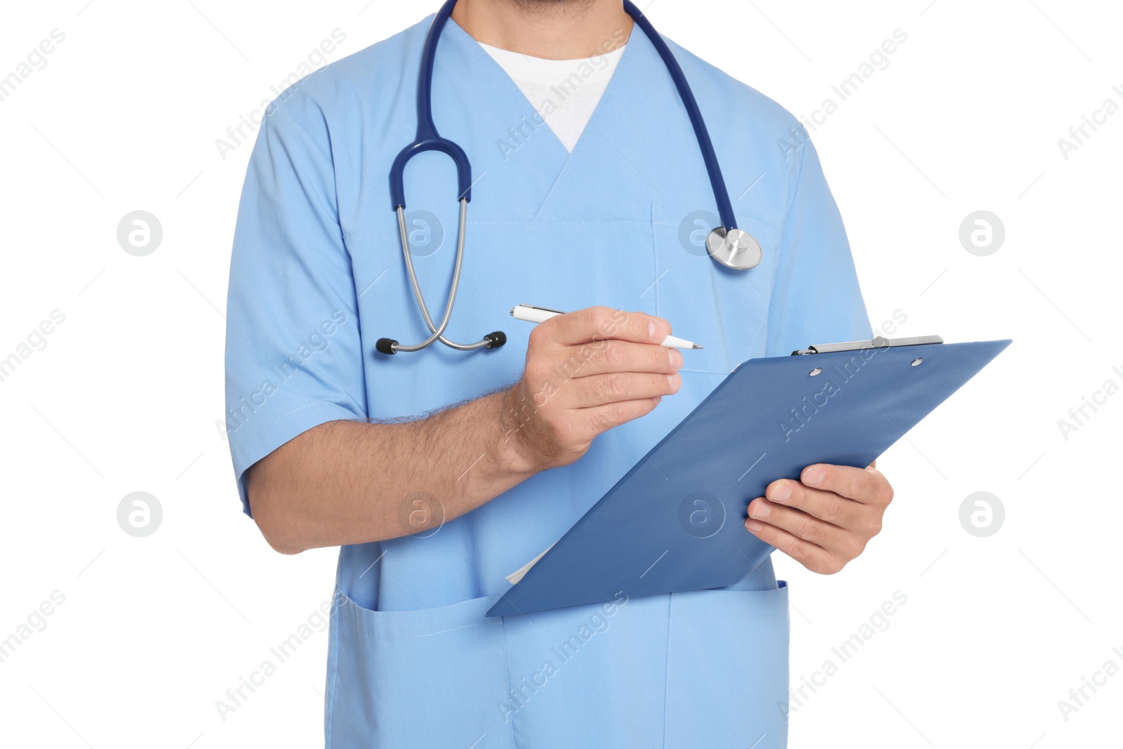 Photo of Doctor with stethoscope and clipboard on white background, closeup