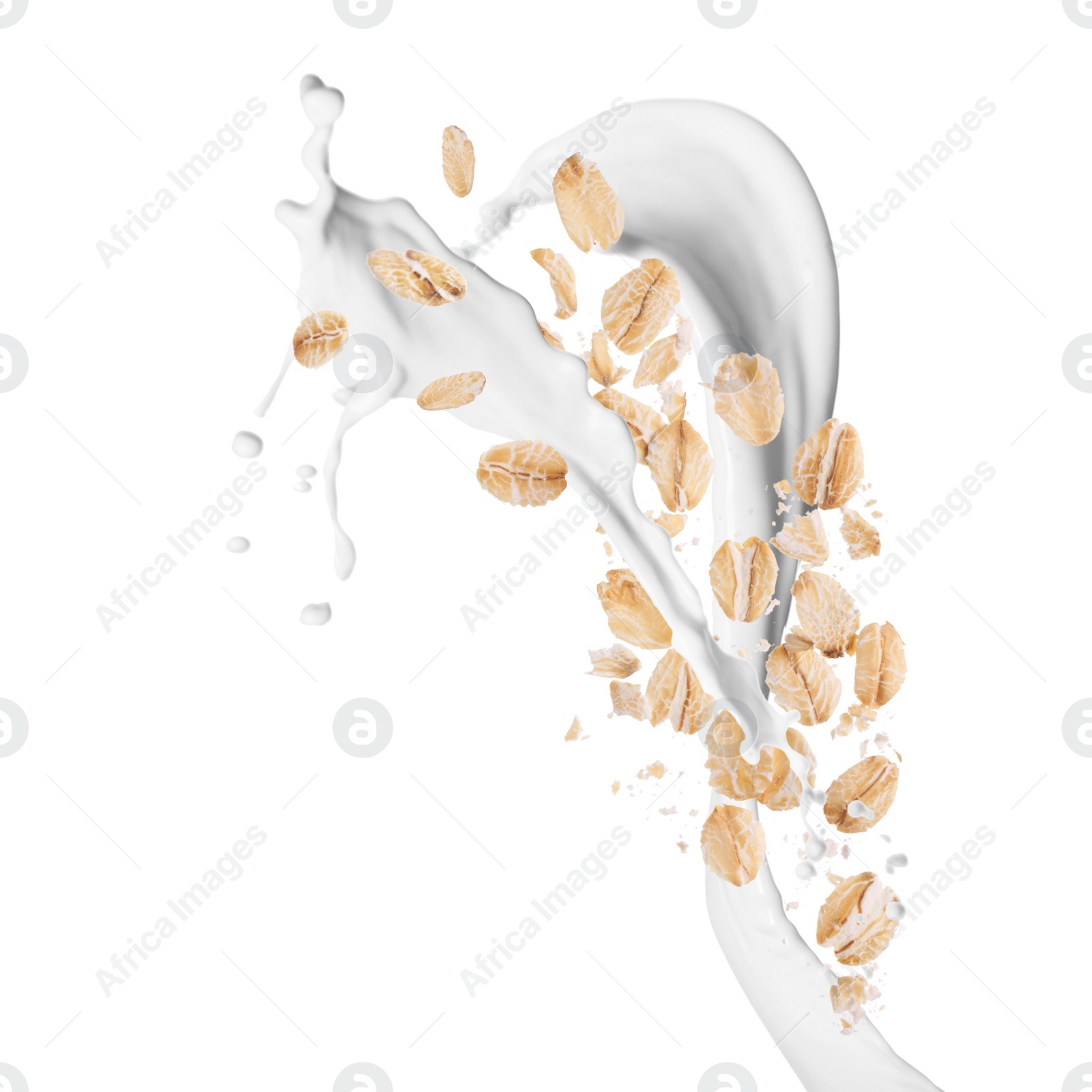 Image of Rolled oats and milk splash isolated on white